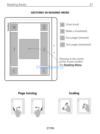 PocketBook Inkpad - rozdělení dotykových zón v otevřené knize